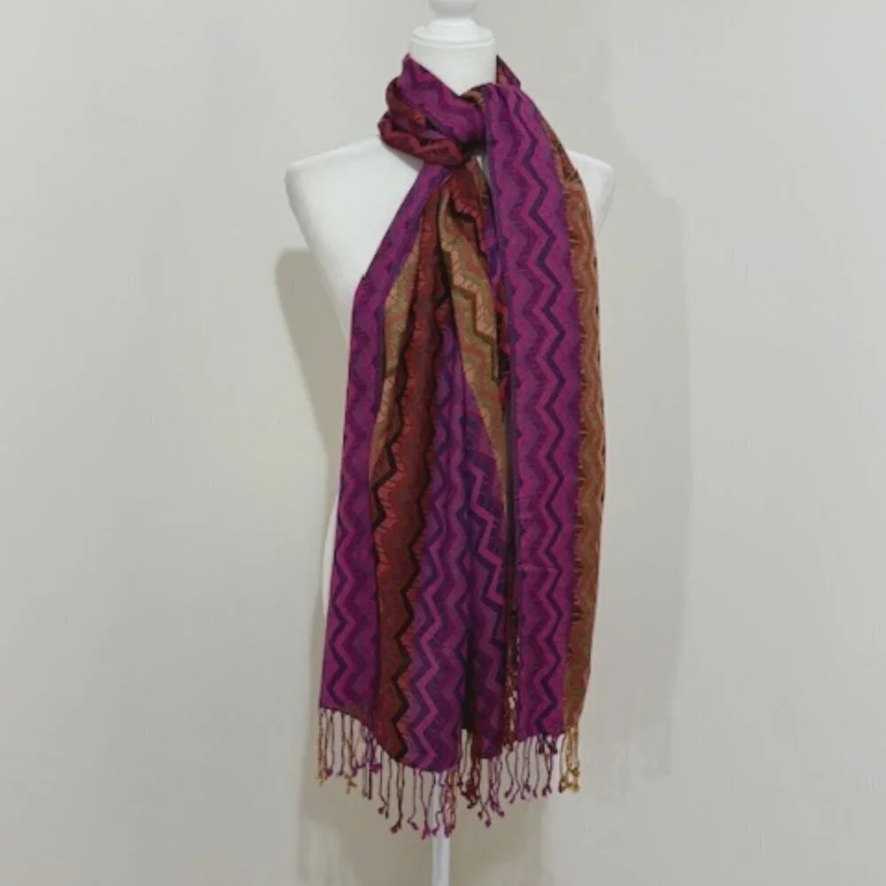 Woven Cashmere Silk Scarf Wrap Zigzag Chevron Pattern Boho Made in Nepal